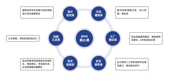 Java核心課涵蓋Java基礎(chǔ)、面向?qū)ο缶幊?、核心框架和常用工具、?shù)據(jù)庫、Web前端、中間件、軟件運(yùn)維、微服務(wù)、云原生、AI大模型、AI編程工具等全套知識(shí)體系和大廠項(xiàng)目實(shí)戰(zhàn)。